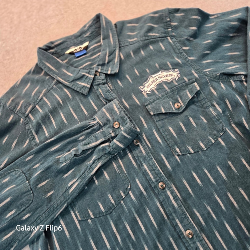 KAVU Sierra Nevada Teal Ikat Button Down Shirt Womens L Long Sleeve Utility Top